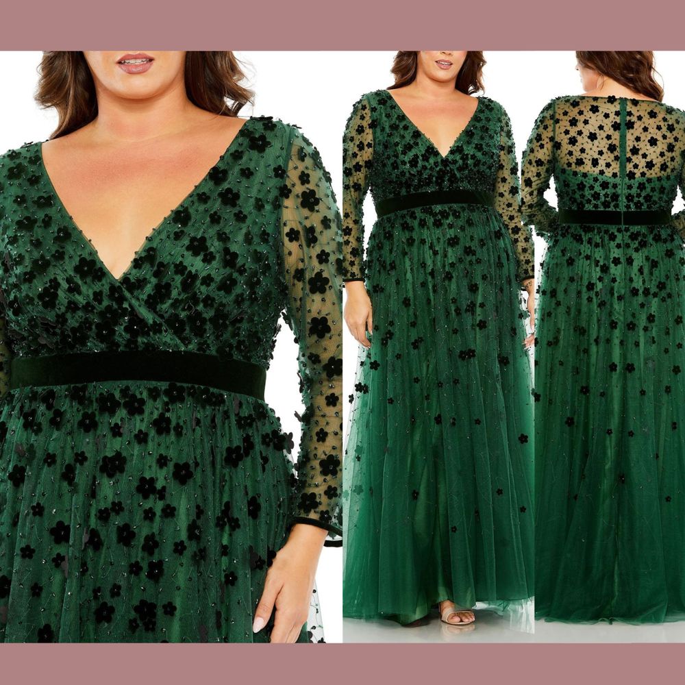 New $598 Mac Duggal [ 18w ] 68440 Floral Applique Long Sleeve A Line Gown Green